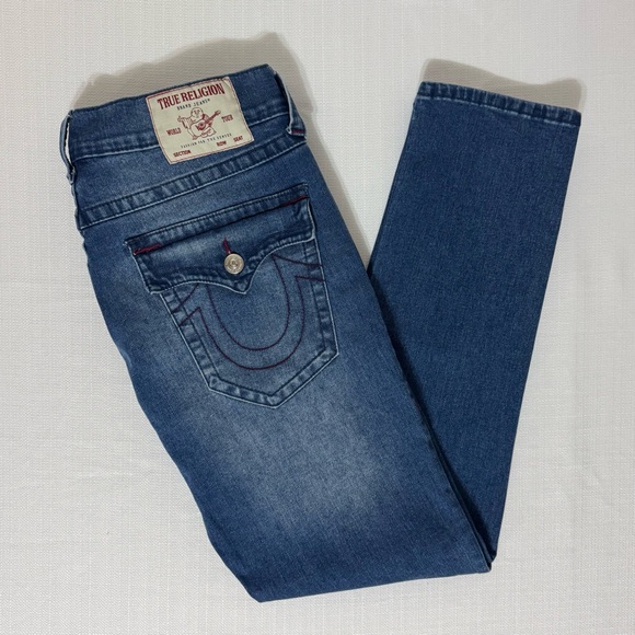 True Religion Jeans Rocco Relaxed Skinny Flap Pocket Red Stitch Blue Size 34x32 - Picture 14 of 14
